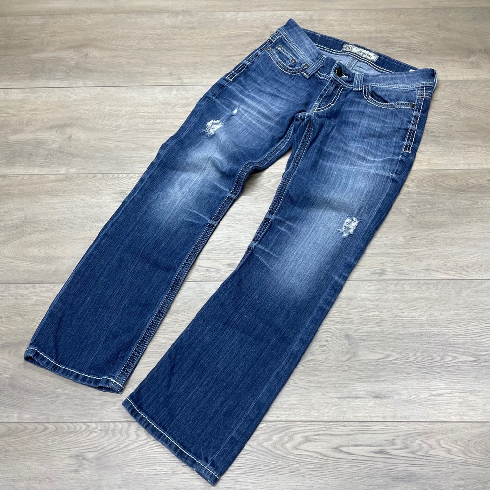 BKE Sabrina Jeans Womens 27 Blue Distressed Bootcut Thick Stitch Denim